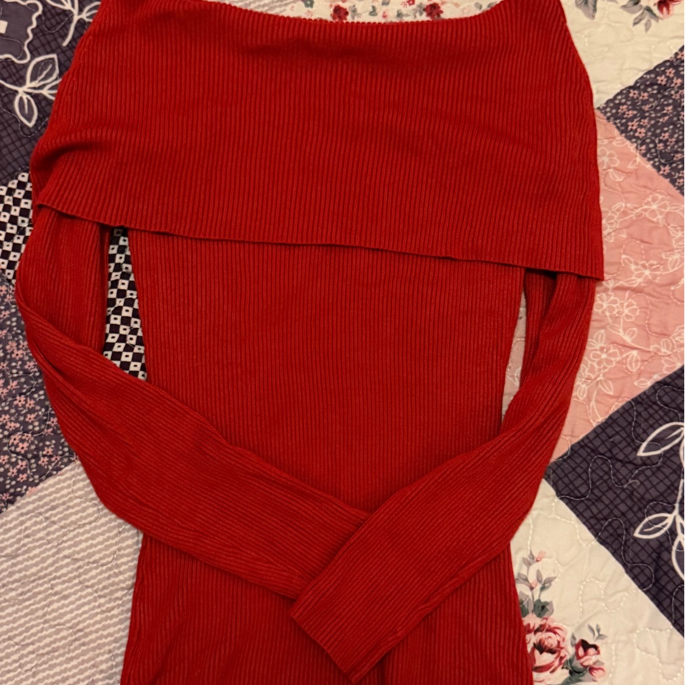 Alex Marie Vibrant Red Ribbed Fold Over Sweater
